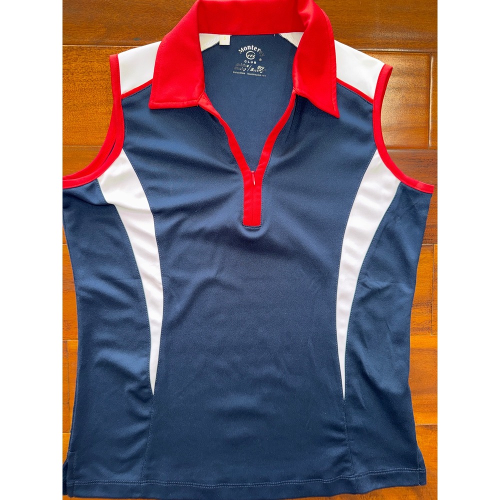 Monterey Club Polo Shirt Womens Small Navy Blue Red White Sleeveless Golf Top EX